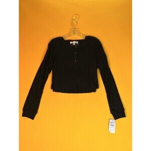 Row A Cropped Henley Knit Top Womens M Black Long Sleeve Pullover Casual NWT